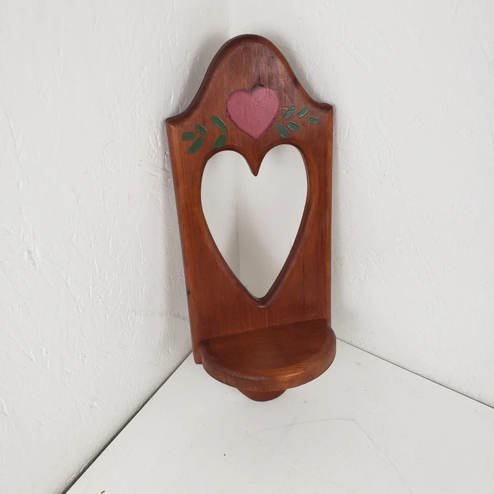 Vintage Wooden Heart Cutout Wall Shelf Rustic Country Decor Hand Painted 15